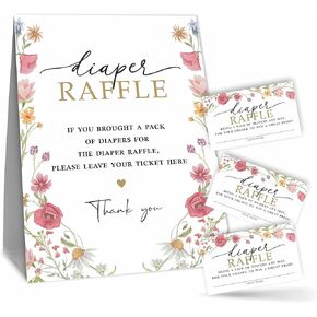 Diaper Raffle Game Kit(1 Standing Sign + 50 Tickets) For Baby Shower -Watercolor Floral & Wild Flower Theme - Gender Reveal, Baby Announcement Party Supplies & Decoration - B01