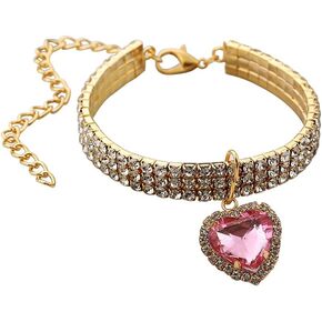 Dogs Kingdom Adjustable Crystal Heart Charm Pendant Pet Cat Dog Necklace Rhinestone Stylish Dog Collar Jeweled Puppy Cat Accessories for Small Medium Dogs Cat,Pink,S:8-11" Neck