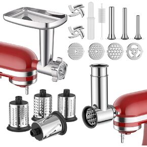 InnoMoon Meat Grinder & Stainless Steel Slicer Shredder Attachment for KitchenAid Stand Mixer, Includes Metal Meat Grinder Attachment with Sausage Stuffer Tubes and Cheese Grater Accessory