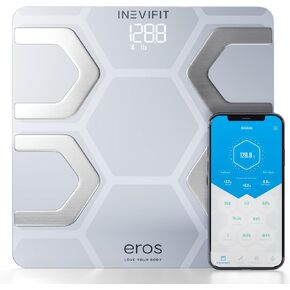 مقياس الدهون في الجسم بتقنية البلوتوث من INEVIFIT EROS، مؤشر كتلة الجسم الذكي، محلل تكوين جسم الحمام الرقمي الدقيق للغاية مع تطبيق الهاتف الذكي اللاسلكي 400 رطل 11.8 × 11.8 بوصة (أبيض)