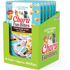 INABA Churu Fun Bites for Cats, Soft & Chewy Baked Chicken Wrapped Filled Cat Treats with Taurine, 0.42 Ounces Each Tetra, 18 Tetras (3 per Bag), Chicken Recipe