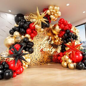 Red Black Gold Balloons Arch kit with 3pcs Starburst Balloons, Red Black and Gold Balloons Garland for Anniversary Casino Night Hollywood New Years Movie Night Birthday Decorations
