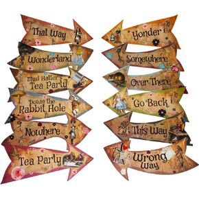 لافتات أسهم بنمط عتيق لحفلات أليس في بلاد العجائب/دعائم لحفلات الشاي من Mad Hatters، عبوة من 12 لافتة