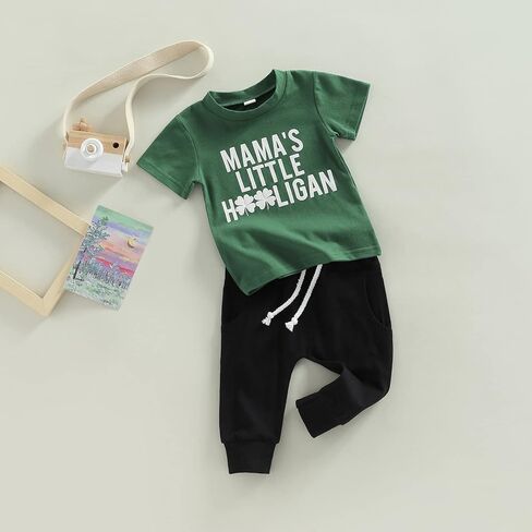 Toddler Baby Boy St. Patrick's Day Clothes Short Sleeve Letter Print T-Shirt Tops Casual Drawstring Pants Outfits in Kuwait