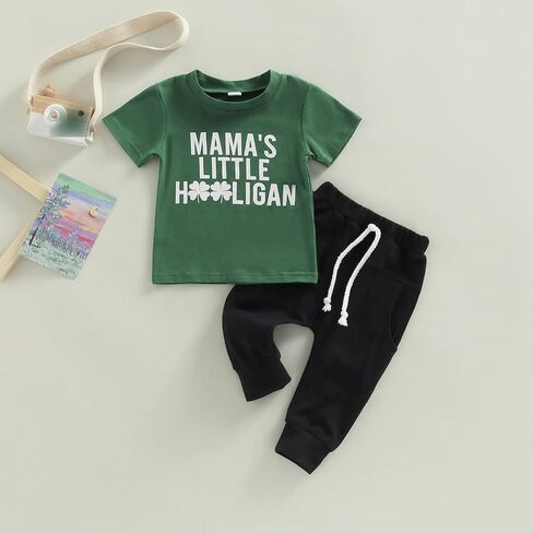 Toddler Baby Boy St. Patrick's Day Clothes Short Sleeve Letter Print T-Shirt Tops Casual Drawstring Pants Outfits in Kuwait