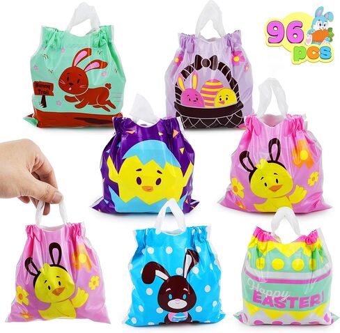 JOYIN 96 Pcs Easter Plastic Gift Bags, Easter Large Treat Bags for Kids, Easter Draw String Treat Goodie for Basket Party Favor and Classroom Prize Supplies Gift Wrapping in Saudi Arabia