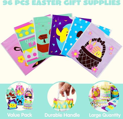 JOYIN 96 Pcs Easter Plastic Gift Bags, Easter Large Treat Bags for Kids, Easter Draw String Treat Goodie for Basket Party Favor and Classroom Prize Supplies Gift Wrapping in Saudi Arabia