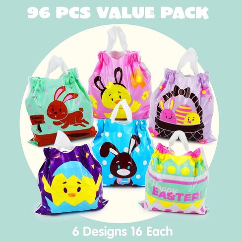 JOYIN 96 Pcs Easter Plastic Gift Bags, Easter Large Treat Bags for Kids, Easter Draw String Treat Goodie for Basket Party Favor and Classroom Prize Supplies Gift Wrapping in Saudi Arabia