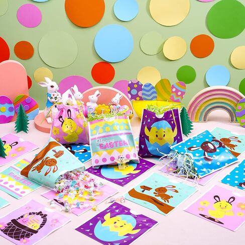 JOYIN 96 Pcs Easter Plastic Gift Bags, Easter Large Treat Bags for Kids, Easter Draw String Treat Goodie for Basket Party Favor and Classroom Prize Supplies Gift Wrapping in Saudi Arabia