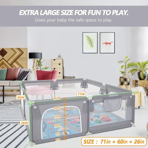 Baby Playpen with Mat, Baby Playpen 71" L x 60" W x 26" D Indoor Large Baby Playpen with Playpen Mat, 360° Visible Playpen with Breathable Mesh, Playpen for Babies and Toddlers(Grey) in Kuwait