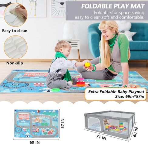 Baby Playpen with Mat, Baby Playpen 71" L x 60" W x 26" D Indoor Large Baby Playpen with Playpen Mat, 360° Visible Playpen with Breathable Mesh, Playpen for Babies and Toddlers(Grey) in Kuwait