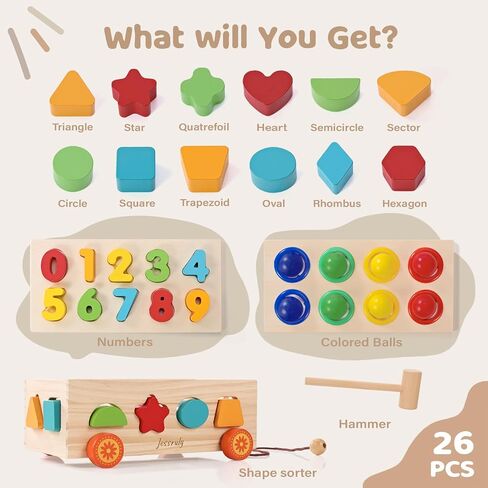 Shape Sorter - Wooden Pound A Ball and Montessori Number Puzzle Set for Babies - Educational Sorting Game with Storage Car for Toddlers in Saudi Arabia