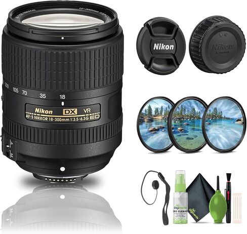 عدسة نيكون AF-S DX NIKKOR مقاس 18-300 مم وببؤرة f/3.5-6.3G ED VR (2216) + مجموعة مرشح + حافظة للغطاء + مجموعة تنظيف in Kuwait
