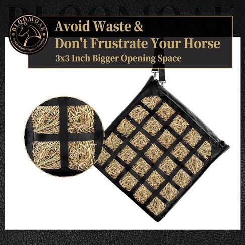 حقيبة تبن سريعة التحميل من بلوموك للخيول، تصميم تحميل جانبي بزاوية 45 درجة، شبكة تخزين شديدة التحمل مع قاعدة متينة للغاية للحصان/الحمار/الماعز لرحلات التخييم في المقطورات، سهلة الملء والتعليق in Kuwait