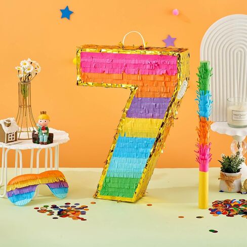 MUWOOB قوس قزح رقم 7 بيناتا لديكورات حفلات عيد الميلاد السابع، بيناتا عيد الميلاد مع عصا معصوبة وقصاصات ملونة، احتفال بالذكرى السنوية للأطفال، فييستا (صغير، 16.5 × 11.5 × 3 بوصة) in Saudi Arabia