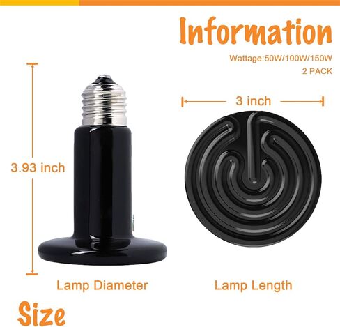 Woyrise 50W Ceramic Heat Emitter, Reptile Heat Lamp Bulbs, No Light Emitting Brooder Coop Heater for Amphibian Pet & Incubating Chicken, Black (2-Pack) in Kuwait