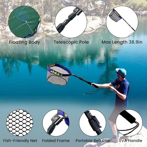39''/1m Floating Fishing Net, Rubber Coated Landing net for Freshwater & Saltwater, Compact Foldable and Portable for Catch and Release, Nice Gift for Family in Saudi Arabia