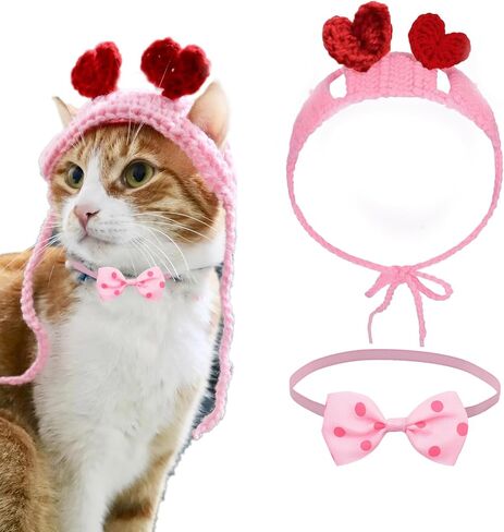 أزياء عيد الحب للقطط، عصابة رأس على شكل قلب أحمر مع فتحات للأذن وربطة عنق قابلة للتعديل للكلاب الصغيرة والقطط والحيوانات الأليفة in Kuwait