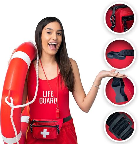 EMS XTRM Lifeguard Fanny Pack باللون الأحمر مع حبل صفارة - حقيبة الإسعافات الأولية للورك على طراز Baywatch، حزام قابل للتعديل، شعار متقاطع + حقيبة بسحاب، حزمة واحدة in Kuwait