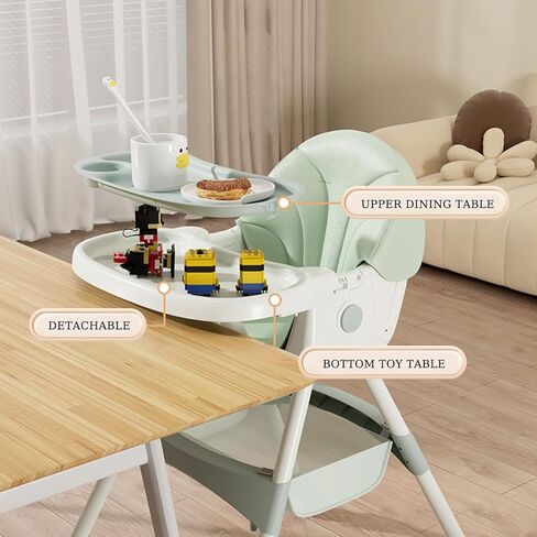 Foldable Baby High Chair, Adjustable Backrest Dinner Plate with 4 Wheels for Infant Toddler,Removable Seat & Tray for Easy Clean ML-0033 （Green） in Kuwait