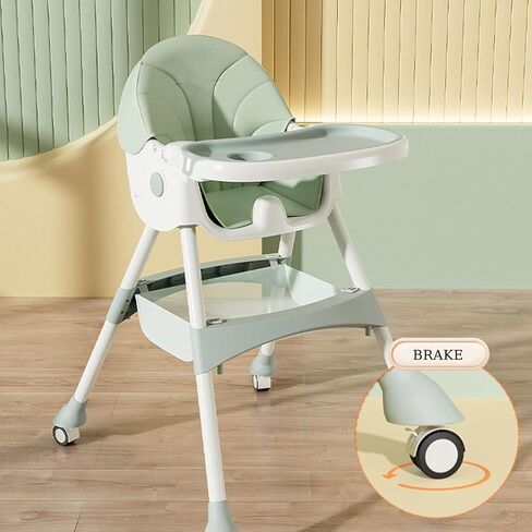 Foldable Baby High Chair, Adjustable Backrest Dinner Plate with 4 Wheels for Infant Toddler,Removable Seat & Tray for Easy Clean ML-0033 （Green） in Kuwait