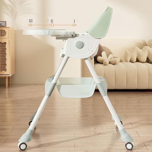Foldable Baby High Chair, Adjustable Backrest Dinner Plate with 4 Wheels for Infant Toddler,Removable Seat & Tray for Easy Clean ML-0033 （Green） in Kuwait