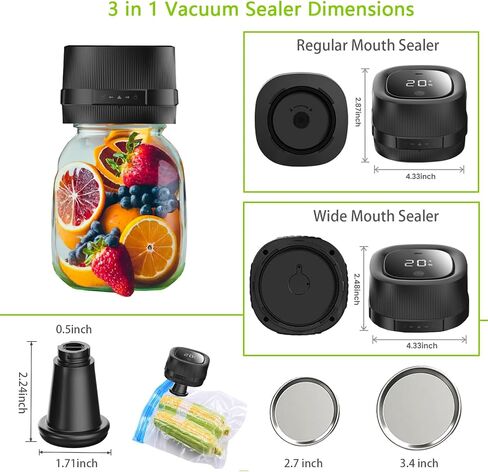 Electric Mason Jar Vacuum Sealer, Automatic Vacuum Sealer for Jars with Wide and Regular Mouth Lids 3-in 1 Canning Jars Vacuum Sealer Kit Portable Vacuum Sealing Machine Food Vacuum Storage in Saudi Arabia