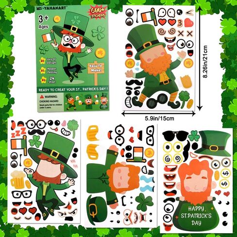 XIMISHOP 24 قطعة اصنع ملصقات الجنية سانت باتريك DIY، اصنع ملصقات Leprechauns الخاصة بيوم القديس باتريك للأطفال، الجني، حدوة الحصان، وعاء من الذهب، قوس قزح، نمط العملة الذهبية قزم DIY ملصق in Kuwait