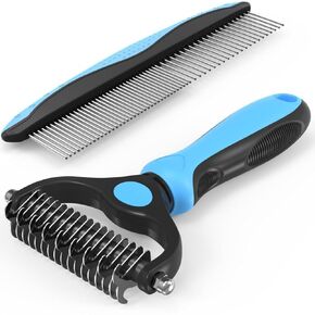 Pet Grooming Brush&Comb Combo, Pet Grooming Brush，Cat Comb Dog Comb for Shedding, 2-Piece Kit,Undercoat Comb for Dog Grooming (Blue)