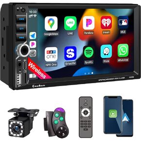 7'' Wireless Apple CarPlay Double Din Car Stereo,Car Radio with IPS HD Touchscreen,Car Bluetooth 5.2,Car FM Radio,Backup Camera,Android Auto,Mirror Link,USB/Type-C/AUX/TF,180W Audio Subwoofer Output，