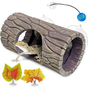 Hamiledyi Reptile Hide Cave Resin Hollow Log Hideout with 2pcs Powerful Suction Cup, Plastic Plant Leaves Ornament Snake Hide Hermit Crab Climbing Toys for Gecko Lizard Hermit Crabs Frogs