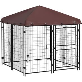 PawHut 4.6' x 5' Dog Kennel Outdoor with Waterproof Cover, Dog Playpen for Small and Medium-Sized Dogs with Two Part Door Design, Brown