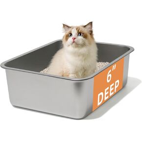 Stainless Steel Cat Litter Box with High Sides, Large Metal Cat Litter Pan, Odor Control Non Stick Smooth Surface Pet Litter Box for Cats, Kitten, Rabbit(17.5" L x 13.6" W x 6" H, 2 Pan)