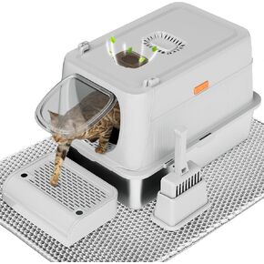 Citylife Stainless Steel Cat Litter Box with Lid，XL Extra Large Enclosed Removable Metal Litter Box with Litter Scoop&Double Layer Litter Mat,Non-Sticky，Non-Odor,Easy Cleaning, for Big Cats，Grey