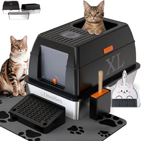 Stainless Steel Litter Box with Lid, Metal Litter Box with Scoop, Top Entry Litter Box with Mat, Covered Litter Box, Extra Large Cat Litter Box with Lid, Enclosed Cat Litter Boxes (Black)