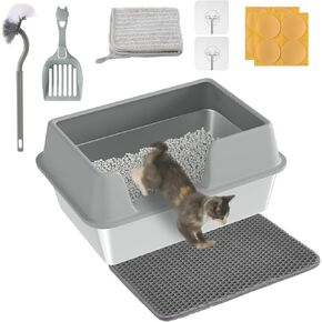 Stainless Steel Litter Box - Cat Metal Litter Box with Splash-Proof Lid, Easy Cleaning & Odor-Less Stainless Steel Cat Litter Box with Double Layer Litter Mat, Litter Scoop, Brush, 20" x14"