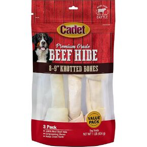 Cadet Premium Grade Beef Hide for Dogs, Long Lasting Rawhide Knotted Bones Single Ingredient Dog Chews, 8"-9" Dog Bones, 3 Pack