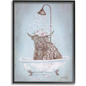 Stupell Industries Charming Longhorn Cattle Cow Bathtub Flower Petals, Design by Debi Coules, 24 x 30, Blue