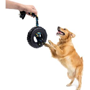 Tire Dog Toy with Cotton-Poly Rope - Rubber Toy for Extreme Chewers - Interactive Fun Play for Aggressive Chewers for Medium and Large Dogs - Safe and Durable Rope Tug Chew Toy for All Breeds