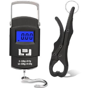 Digital Fish Scale with Lip Gripper, 110 Lbs/50 Kg Backlit LCD Display Fishing Scale and Fish Lip Gripper, Fish Weight Scale, Fishing Gifts for Men(Not Included Batteries)
