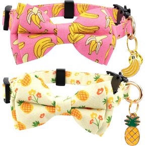 2 Pack Cotton Cat Collar with Bow Tie and Bell for Male Female Cats,Soft Fancy Breakaway Kitty Kitten Collar with Green and Pink Dinosaur Patterned Design for Boy Girl Cats (Dinosaur)