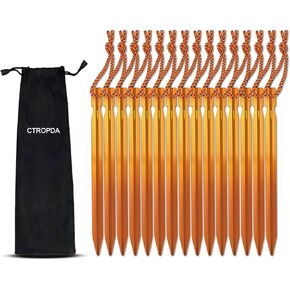 15Pack Tent Stakes, 7075 Aluminum Tent Stakes, Lightweight Tent Stakes with Pull Rope, Tent Pegs for Backpacking, Durable Camping Tent Accessories, Orange