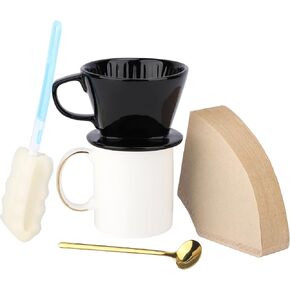 Segarty Pour Over Coffee Maker Set, Single Cup White Ceramic Coffee Dripper, 100 PCS Coffee Filters Size 2, 13oz White and Gold Trim Mug with Spoon and Brush, Pourover Set for Home Office