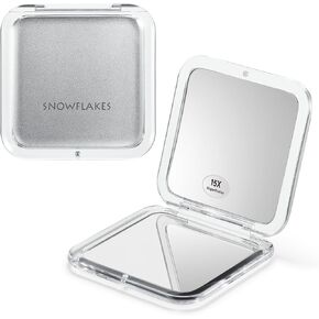 Compact Travel Magnifying Mirror - Snowflakes Small Makeup Mirror Double Sided 1x/15x Magnification Cosmetic Mirrors Handheld Portable for Travel and Purses (Silver)