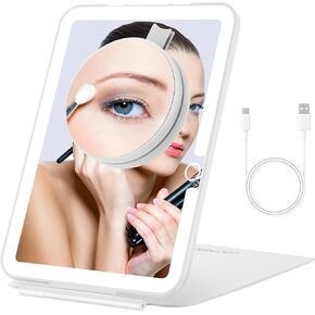 LUKYMIRO Rechargeable Travel Makeup Mirror with Lights, Portable Lighted Vanity Mirror with 10X Magnification, 70 LEDs 3 Color Lights, Dimmable Touch Screen, Tabletop Folding Compact Cosmetic Mirror