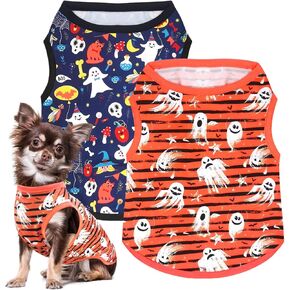 PETCARE 2 Pack Dog Halloween Costumes Shirts for Small Medium Dogs Cats, Funny Pumpkin Halloween Dog Clothes, Cute Striped Ghost Pet Puppy Dog Cat Halloween Costume Outfits