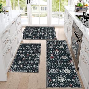 Falflor Moroccan Trellis Kitchen Rug Sets of 3 Non Slip Kitchen Mats for Floor Washable Kitchen Rug and Mats Floral Pattern Kitchen Rugs Floor Carpet for Hallway Dinning Room Bathroom