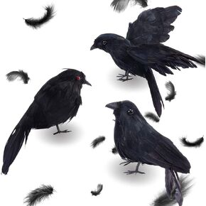 PAMASE Real Feathered Halloween Black Crows - 3 Packs Realistic Black Birds Crow Costume, Raven Decor Ornaments for Party Yard Tree Garden Patio Indoor Outdoor Decorations in Kuwait
