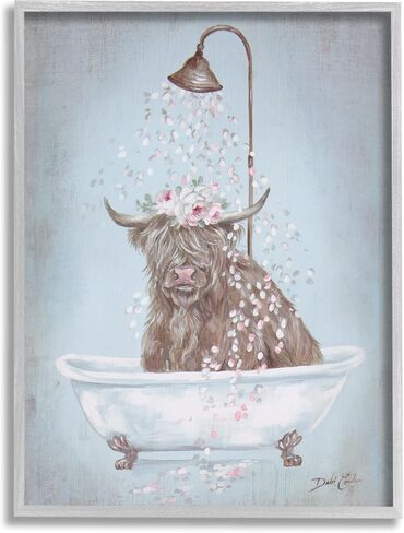 Stupell Industries Charming Longhorn Cattle Cow Bathtub Flower Petals, Design by Debi Coules, 24 x 30, Blue in Saudi Arabia