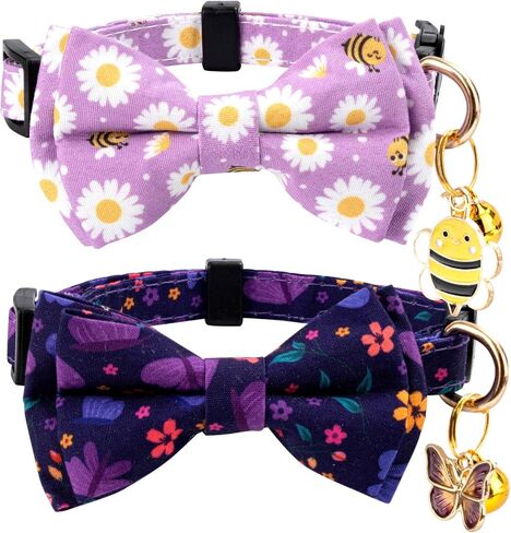 2 Pack Halloween Cat Collar with Bow Tie and Bell for Male Female Cats,Soft Fancy Breakaway Kitty Kitten Collar with Ghost& Pumpkin Patterned Design for Boy Girl Cats. (Purple Ghost&Pumpkin) in Saudi Arabia